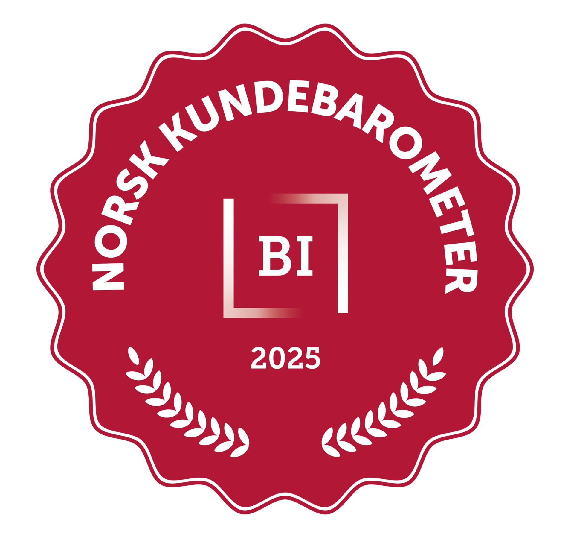 Grafikk som viser hvit tekst "Norsk kundebarometer 2025" på rød bakgrunn.
