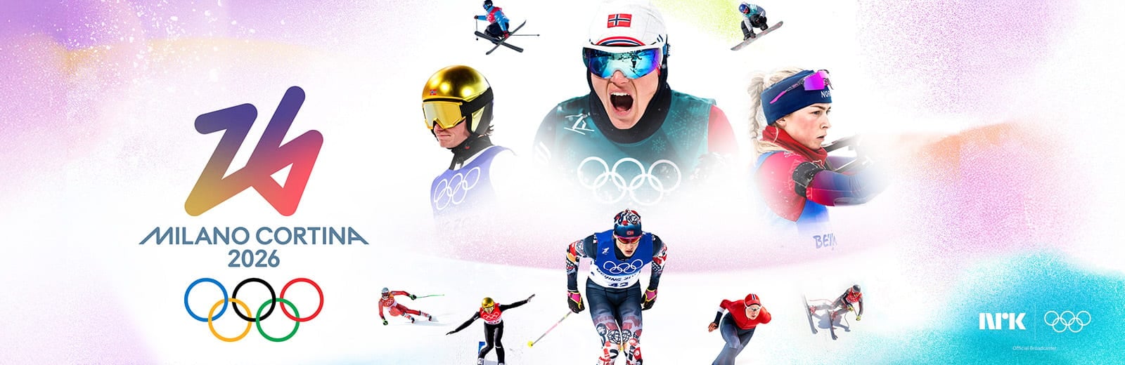 Vinter‑OL 2026‑plakat med OL‑logo og flere utøvere i ulike vinteridretter på fargerik bakgrunn.